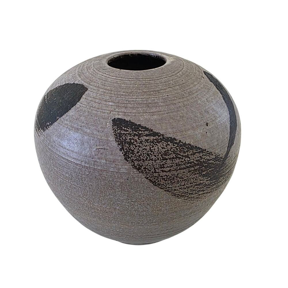Vintage Studio Pottery Modernist Vase Round Brown Black Brushstroke Design